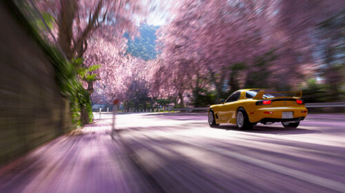 Yellow Mazda RX-7 Driving Through Cherry Blossoms Desktop Wallpaper