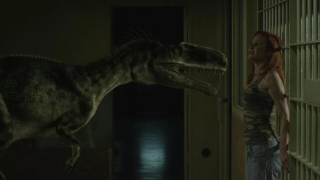 Dinosaur Stalking a Woman in a Prison Cell Desktop Wallpaper