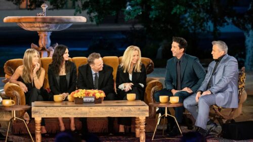 Friends The Reunion Cast on Iconic Orange Sofa Desktop Wallpaper