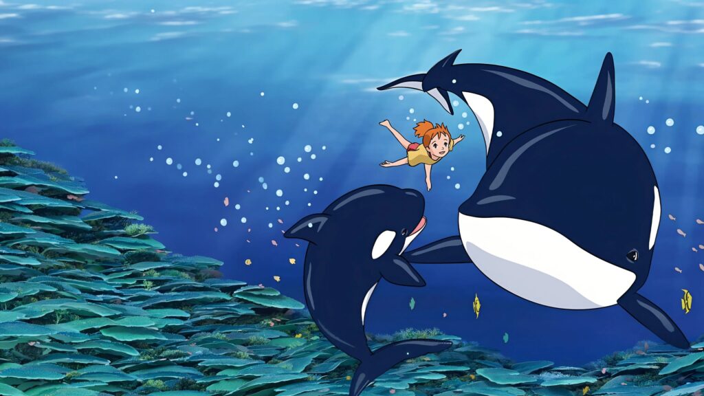 Ponyo and Orcas Underwater Scene Desktop Wallpaper