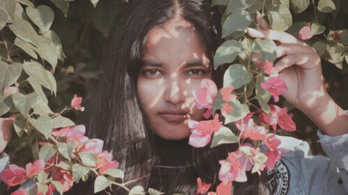 Beautiful Girl Portrait With Pink Bougainvillea Flowers 4K Desktop Wallpaper