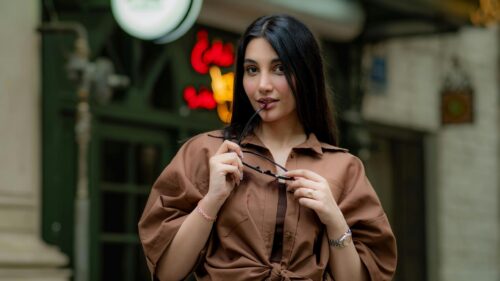 Beautiful Woman in Brown Shirt Fashion Portrait 4K Wallpaper