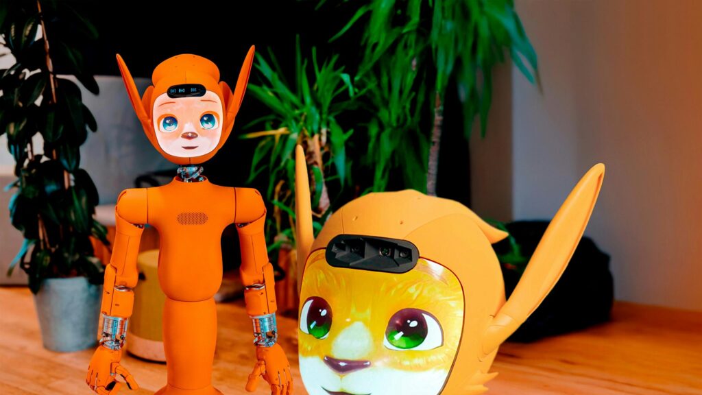 Adorable Orange Robotic Characters Standing Together 4K Desktop Wallpaper