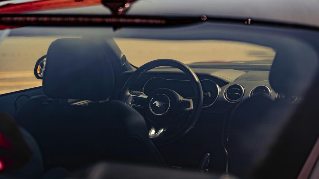 Interior View of Ford Mustang Sports Car Cockpit 4K Wallpaper