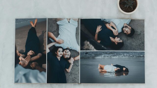 Romantic Couple Lying on Beach Sand Collage 4K Desktop Wallpaper