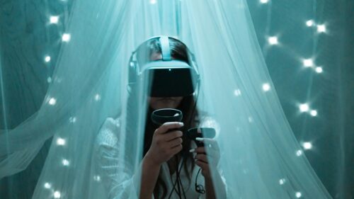 Girl Wearing VR Headset in Dreamy Ethereal Setting 4K Wallpaper