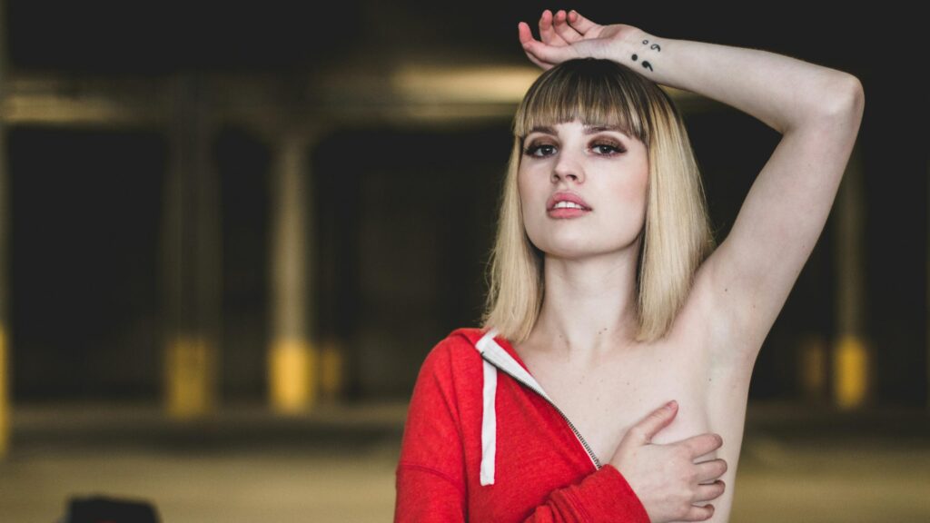 Blonde Girl in Red Hoodie Urban Portrait Desktop Wallpaper