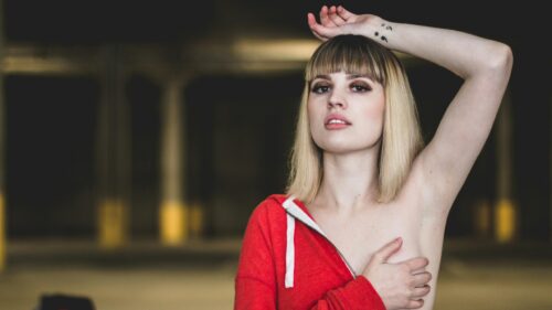 Blonde Girl in Red Hoodie Urban Portrait Desktop Wallpaper