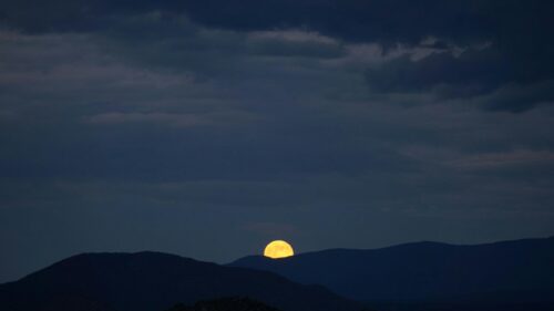 Golden Full Moon Rising Over Dark Silhouette Mountains Desktop Wallpaper