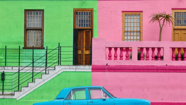 Bo-Kaap Colorful Houses with Vintage Blue Car 4K Desktop Wallpaper