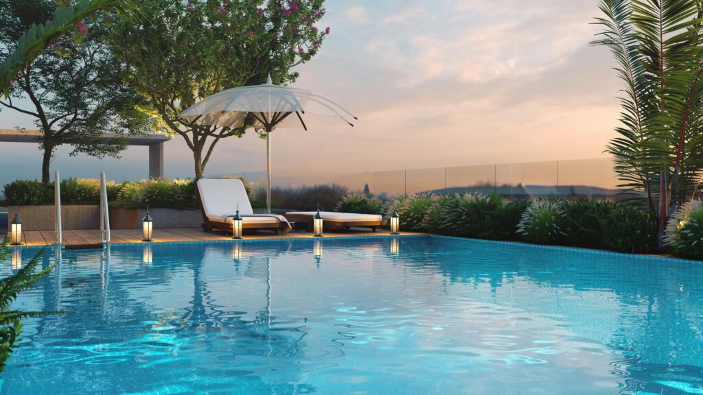 Luxury Rooftop Infinity Pool at Sunset 4K Desktop Wallpaper