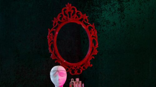 Gothic Red Mirror and Mannequin Head Surreal Art 4K Wallpaper