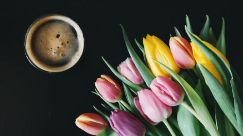 Spring Tulips and Coffee Morning Flat Lay 4K Desktop Wallpaper