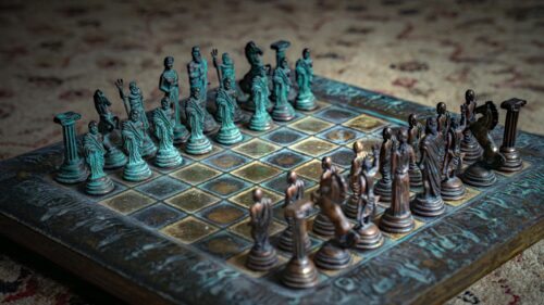 Ancient Greek Mythology Bronze Chess Set 4K Desktop Wallpaper