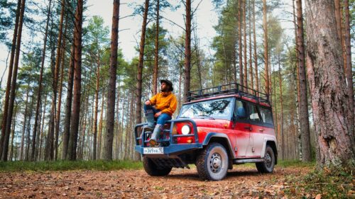 Adventurous Traveler with Red Off-Road SUV in Pine Forest Desktop Wallpaper
