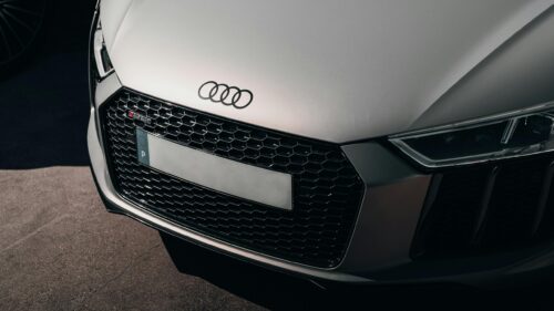 Silver Audi R8 Sport Front Grille and Logo 4K Wallpaper