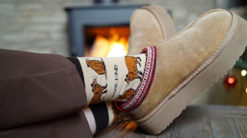 Cozy Winter Evening by the Fireplace with Highland Cow Socks 4K Wallpaper