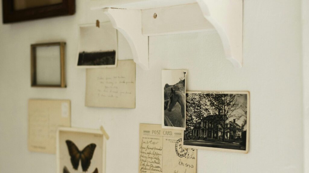 Vintage Wall Gallery with Old Postcards and Botanical Prints Desktop Wallpaper