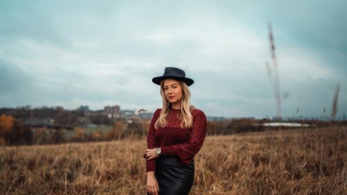 Blonde Woman in Burgundy Polka Dot Blouse Fedora Hat Desktop Wallpaper