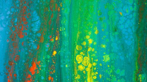Abstract Fluid Paint Swirls in Vibrant Teal and Neon Yellow 4K Wallpaper