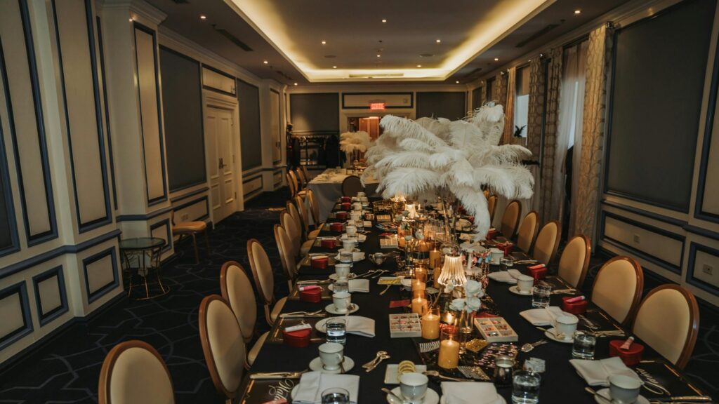 Luxury Fine Dining Banquet Hall Setting 4K Wallpaper