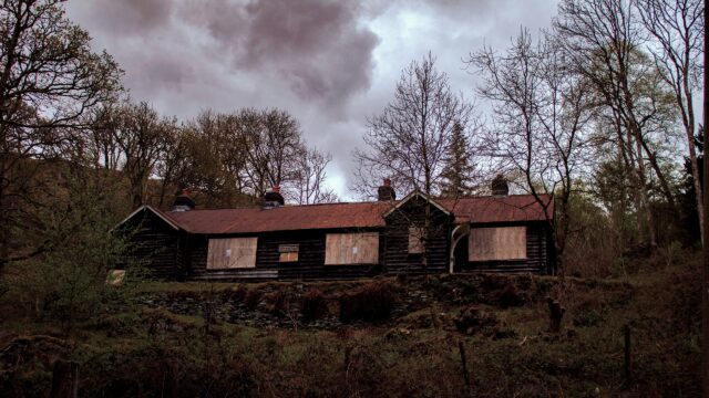 Abandoned Wooden House in Dark Forest Landscape Desktop Wallpaper