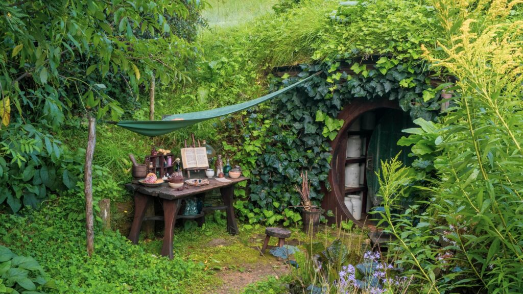 Enchanted Hobbit Hole Garden Workbench 4K Desktop Wallpaper