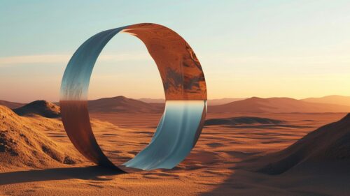Surreal Metallic Ring in Vast Desert Landscape 4K Desktop Wallpaper
