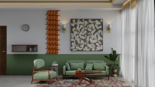 Modern Green Living Room Interior with Abstract Wall Art 4K Wallpaper