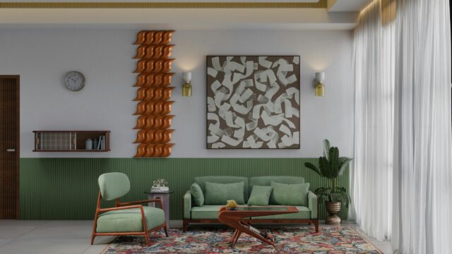 Modern Green Living Room Interior with Abstract Wall Art 4K Wallpaper