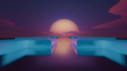 Minimalist Blue Blocks Under a Golden Sunset Sky 4K Desktop Wallpaper
