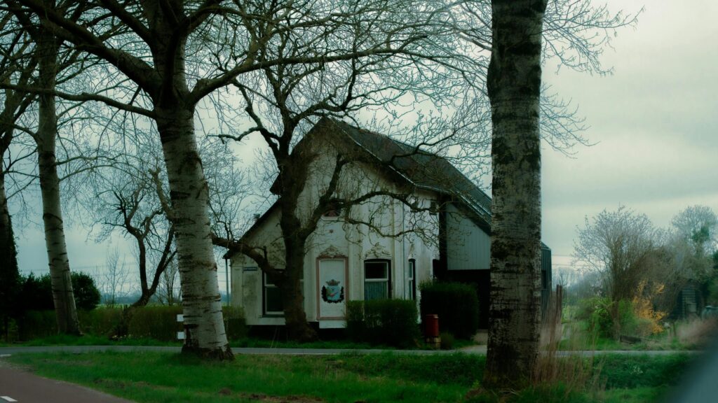 Rustic Countryside Cottage Under Bare Winter Trees Desktop Wallpaper