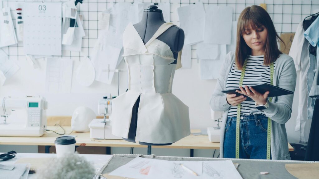 Fashion Designer Working on Dress Prototype Desktop Wallpaper
