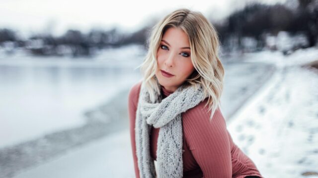 Beautiful Blonde Woman in Winter Scarf Scenic Snow Desktop Wallpaper