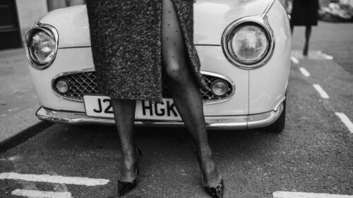 Chic Fashion Street Style with Vintage Car Black and White Desktop Wallpaper
