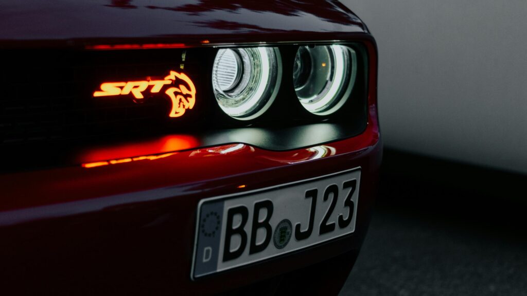 Close-up Red Dodge Challenger SRT Hellcat Front Grille 4K Wallpaper
