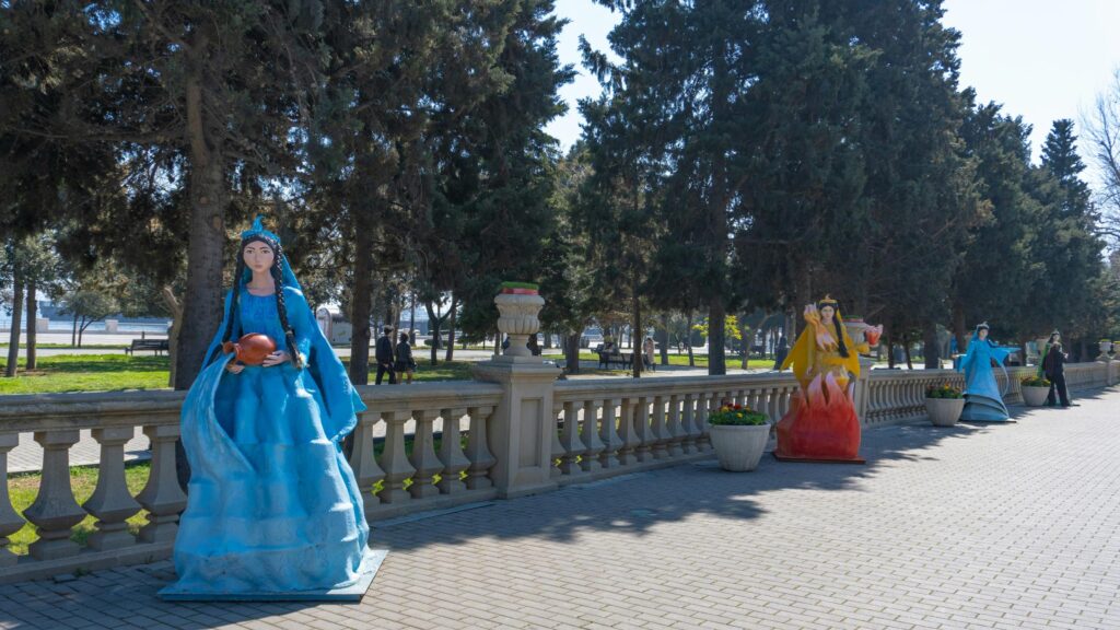 Enchanting Sculptures in Baku Boulevard Park Landscape 4K Wallpaper