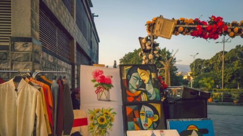 Vibrant Street Art Market Display at Sunset 4K Desktop Wallpaper