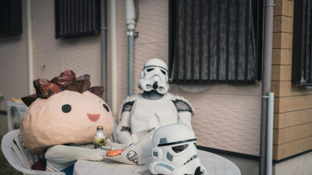 Surreal Stormtrooper and Mascot Having Lunch Desktop Wallpaper