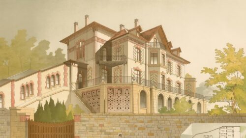 Historical European Villa Architectural Drawing 4K Desktop Wallpaper