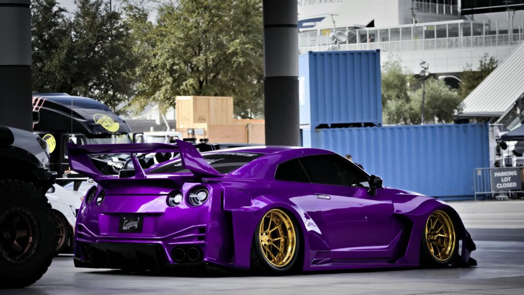 Modified Purple Nissan GT-R Widebody with Gold Wheels 4K Wallpaper