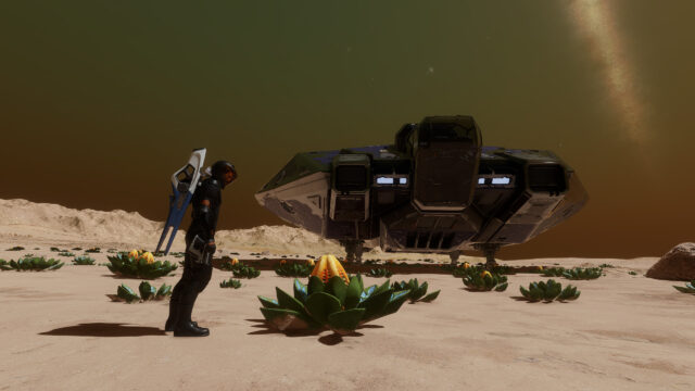 Futuristic Explorer and Spaceship on Alien Planet Surface 4K Wallpaper