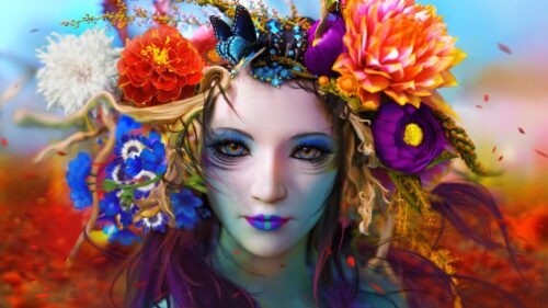 Enchanting Forest Goddess with Floral Crown and Butterfly 4K Desktop Wallpaper
