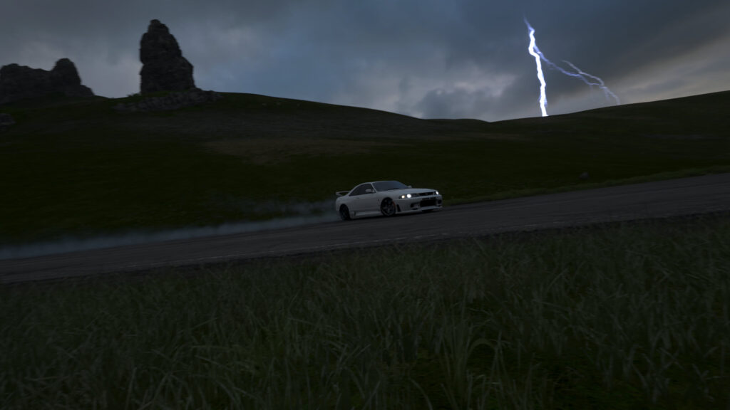 White Nissan Skyline R33 Drifting Under Lightning Storm PC Wallpaper
