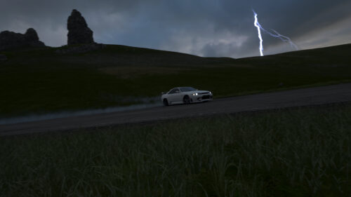 White Nissan Skyline R33 Drifting Under Lightning Storm PC Wallpaper
