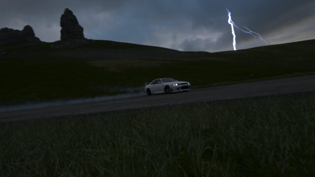 White Nissan Skyline R33 Drifting Under Lightning Storm PC Wallpaper