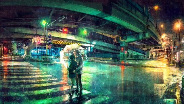 Anime Couple Standing Under Umbrella in Rainy City Night PC Wallpaper