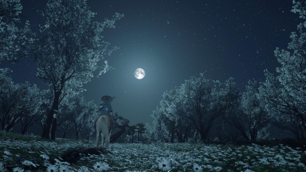 Jin Sakai Riding Horse Under Full Moon Ghost of Tsushima PC Wallpaper