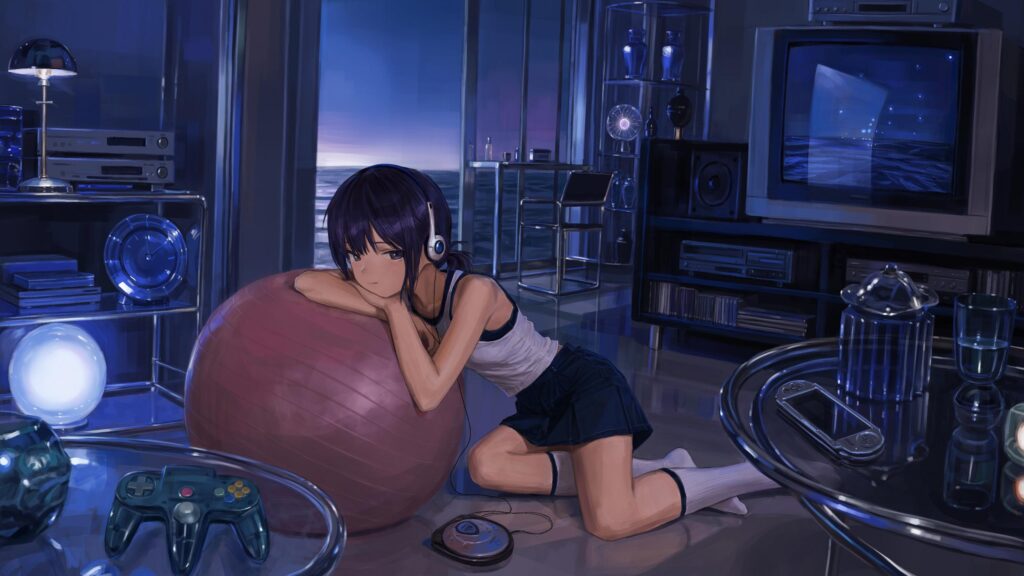 Anime Girl Relaxing in a Retro Blue Bedroom 4K PC Wallpaper