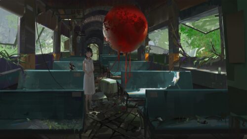 Anime Girl in Abandoned Train with Surreal Red Orb Desktop Wallpaper